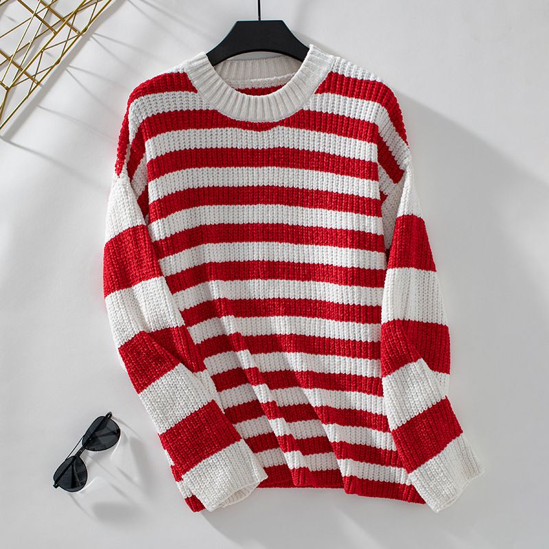 Felpa con cappuccio lavorata a maglia da donna autunno/inverno 2024 con strisce di ciniglia e maglione a blocchi di colore per donna_voghion.com