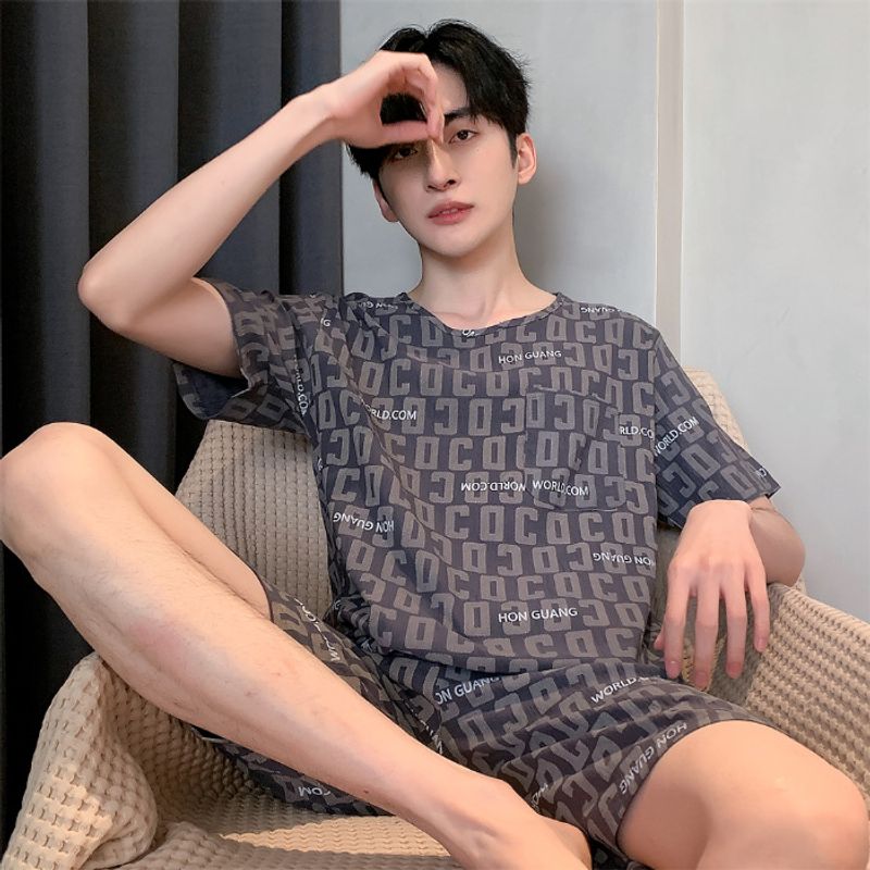 Pijamale noi din bumbac țesut, din bumbac, pentru bărbați și adolescenți, scurte și subțiri, de vară, pentru bărbați, haine de casă_voghion.com
