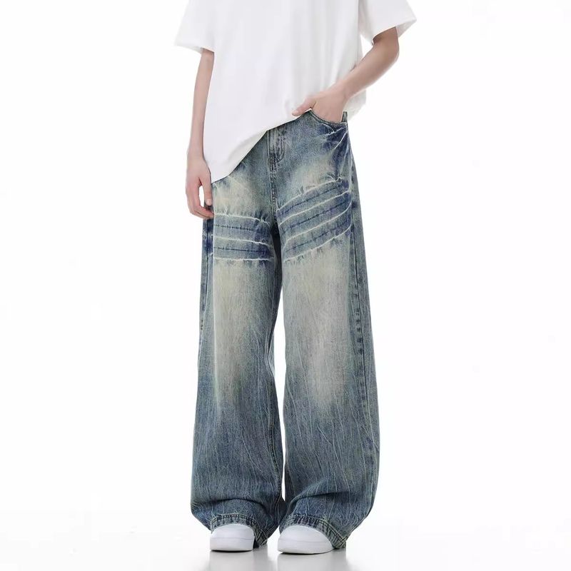 Men's Clothing Light Blue Flared Jeans For Men Autumn Trendy Brand Loose Washed Pants High Street Straight Scimitar Pants_voghion.com