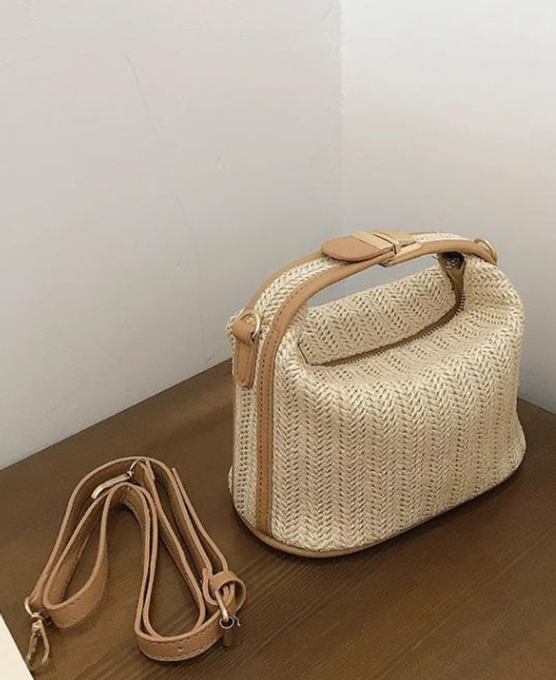 Borsa a secchiello in paglia intrecciata, piccola, casual, da donna, borsa a tracolla, modello primavera 2025, nuovo modello_voghion.com