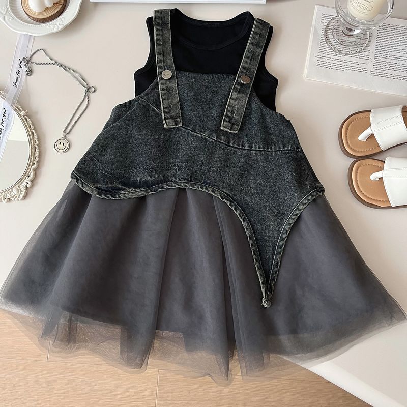 Mother & Kids Girls Suit Summer New Korean Version Denim Mesh Dress + Vest Princess Two Piece Suit Trendy_voghion.com