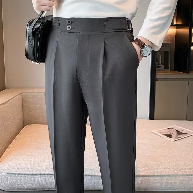 2024 New British Style Solid High Waist Draped Trousers Korea Men Formal Blazer Slim Business Casual Suit Pants Hommes_voghion.com