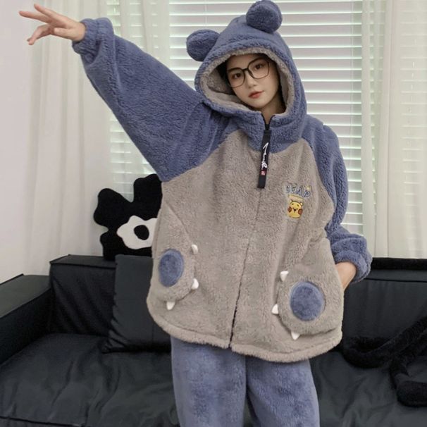 Μικρή Αρκούδα Πυτζάμες για Ζευγάρι 2023 Γυναικεία Ζευγάρια με Χοντρό Κινούμενα Σχέδια από Κοραλί Βελούδο για το Σπίτι, Χειμερινό Σετ Δύο Τεμαχίων_voghion.com