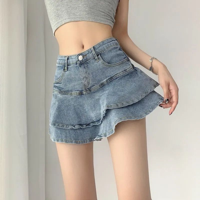 Damenbekleidung Jeansrock Weibliches Futterdesign Hohe Taille Schlanker A-Linien-Rüschen-Hüftrock Sommer_voghion.com