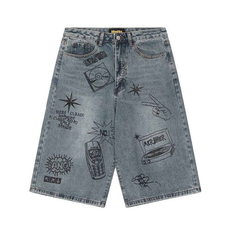 Vêtements pour hommes, jeans courts style graffiti rétro, shorts larges taille haute tendance pour hommes, couple_voghion.com