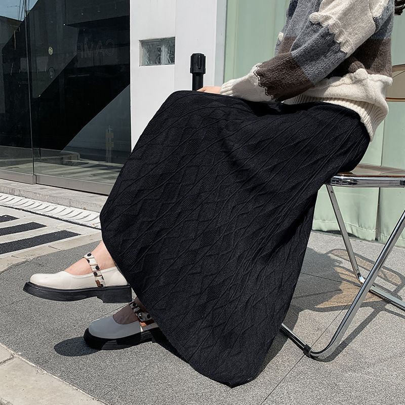 Autumn and winter half women s knitted diamond grid long new high waisted A line large swing slimming children s_voghion.com