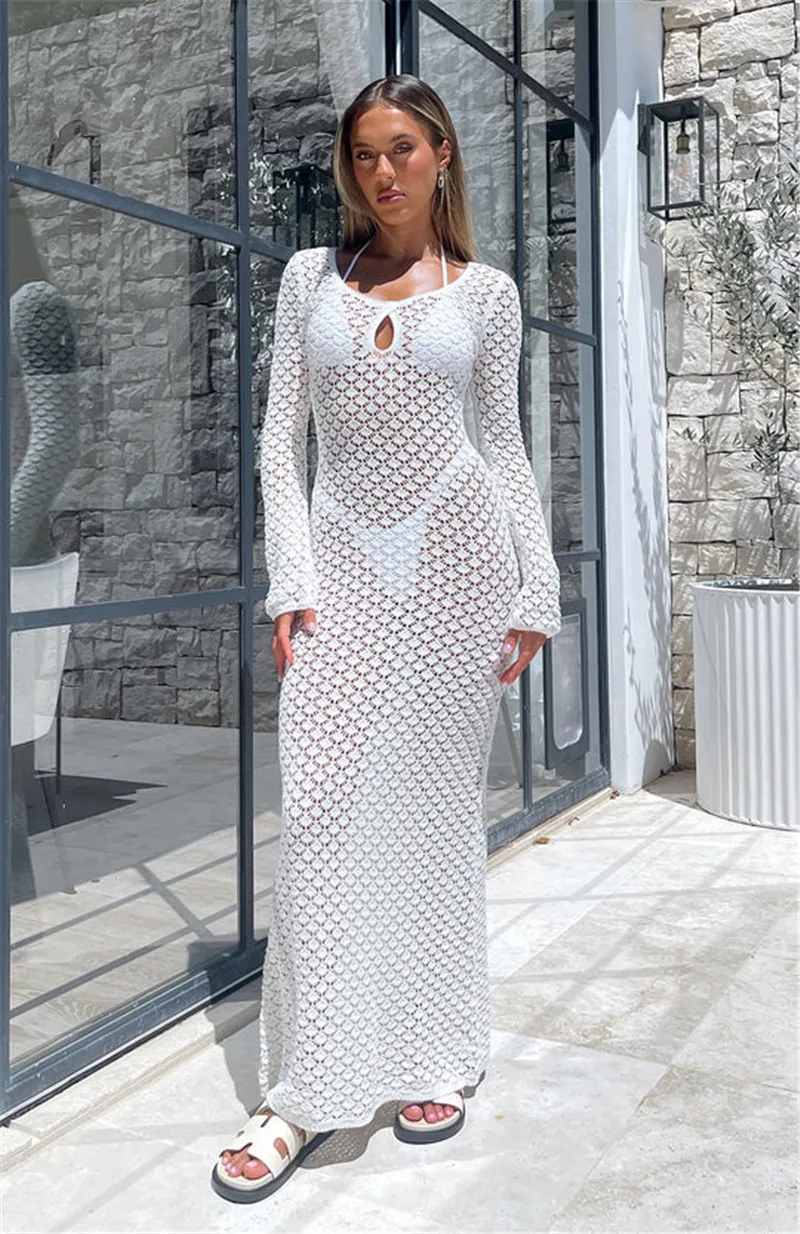 Women's Clothing Sun Protection Dress Sexy Perspective Hollow Knitted Seaside Holiday Beach Long Dress_voghion.com
