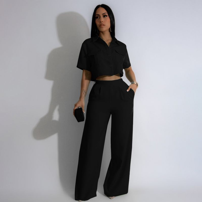 Dameskleding Zomermode Revers Korte mouwen Hoge taille Wijde pijpen Broek Modepak_voghion.com
