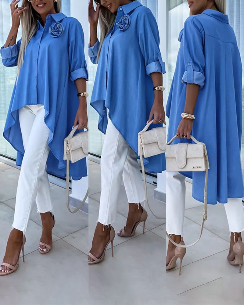 Nuova camicia ampia da donna blu a maniche lunghe a maniche lunghe, corta davanti e lunga sul retro, di media lunghezza_voghion.com