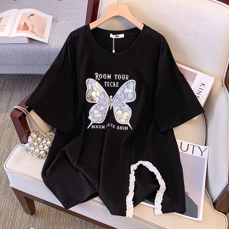 Vêtements pour femmes extra grande taille vêtements pour femmes gros mm paillettes dentelle fendu à manches courtes t-shirt style mince été nouvelles femmes_voghion.com
