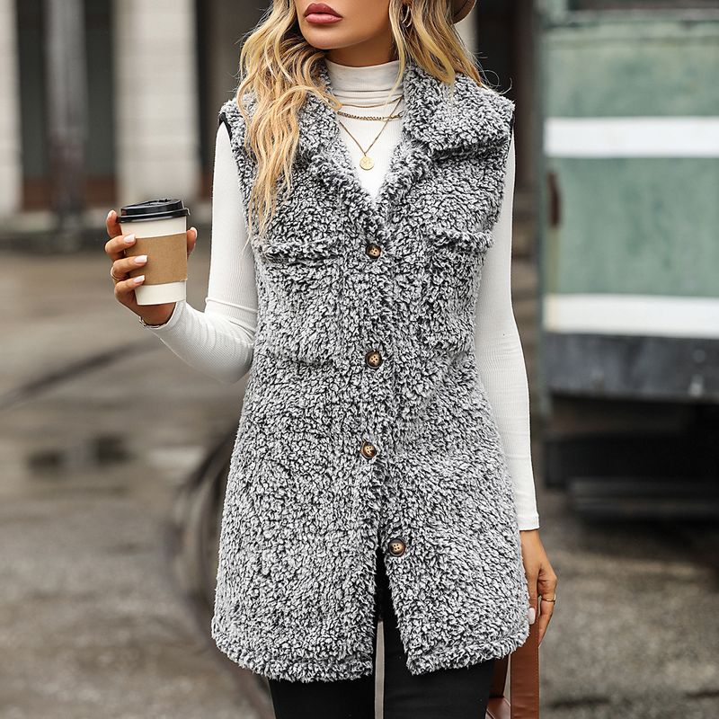 Gilet long sans manches à revers pour femmes, ample, décontracté, en polaire à bulles délavées_voghion.com