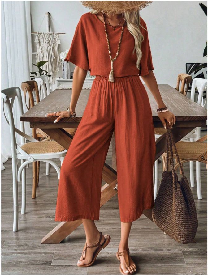 Completo da donna in 2 pezzi, scollo rotondo, nuovo top a maniche corte, elastico in vita, pantaloni a gamba larga, completo casual abbinato_voghion.com