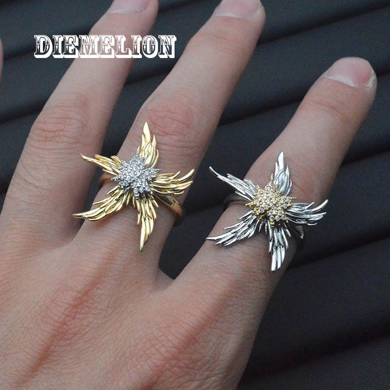 Anel aberto vintage de luxo com design geométrico exagerado em dois tons, com microcravação de zircônias e efeito flame star sea._voghion.com