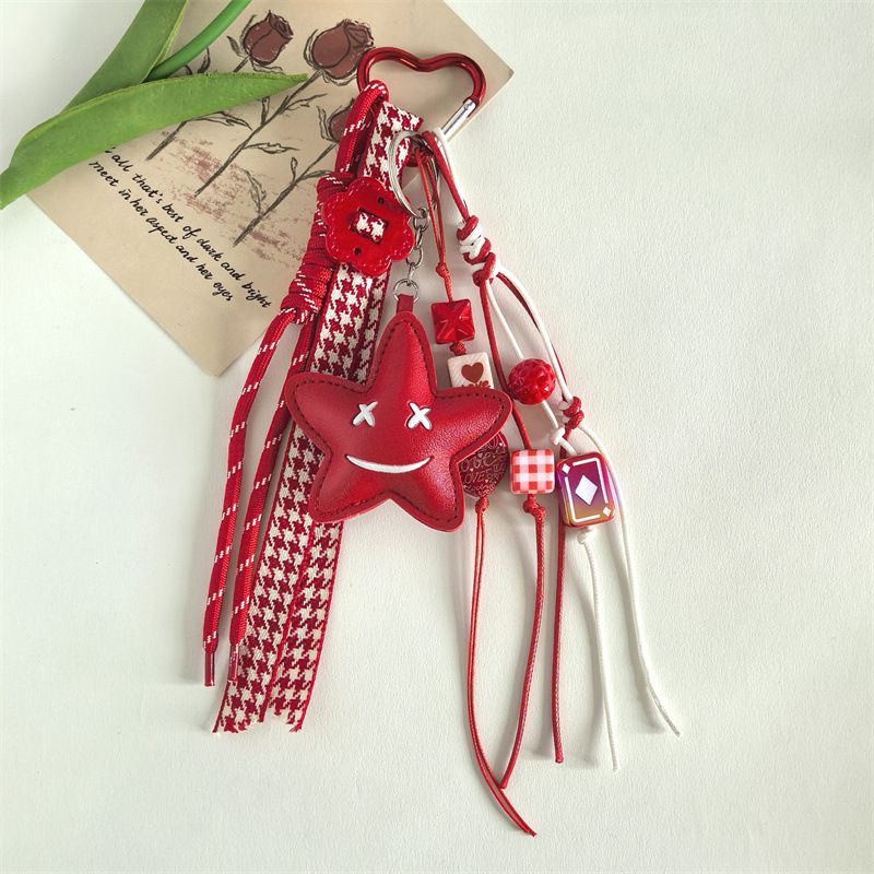 Dopamine Leather Five Pointed Star Smiley Face Hand Woven Rope Bag Key Pendant Creative Extreme Style Pendant_voghion.com