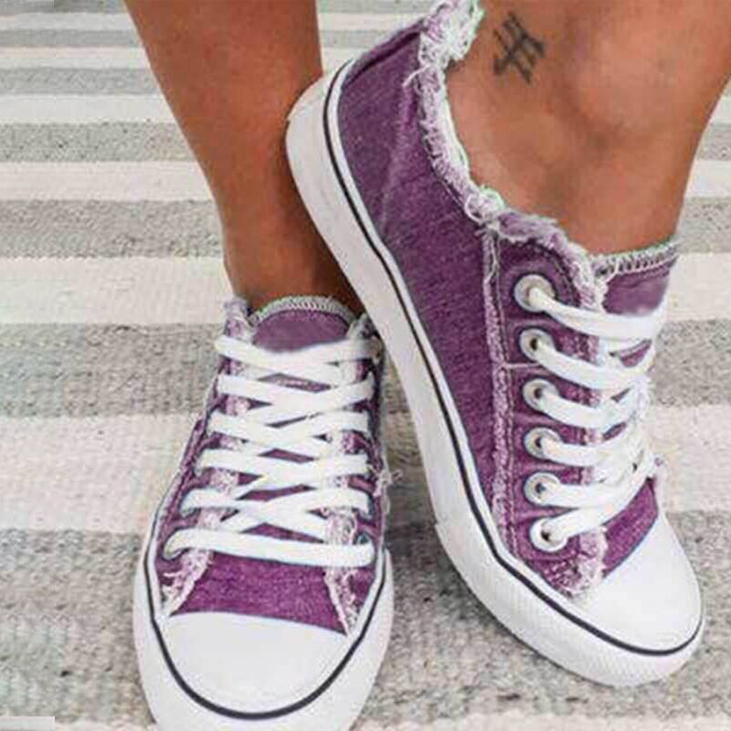 Scarpe casual basse con lacci da donna in tela di denim_voghion.com