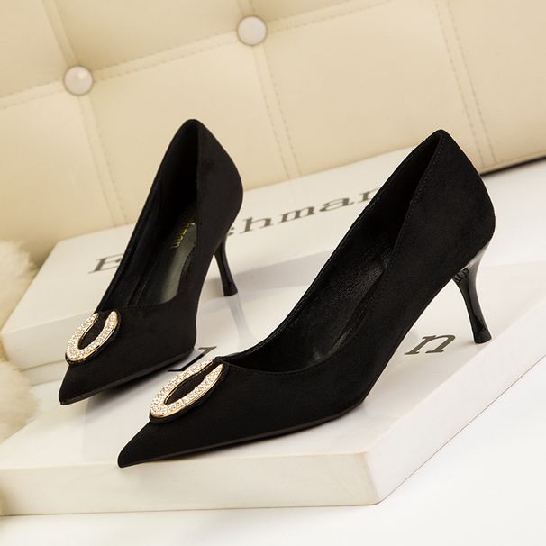 Women's Pumps style temperament goddess retro high heels women's shoes stiletto high heels shallow mouth pointed toe rhinestone metal buckle single_voghion.com