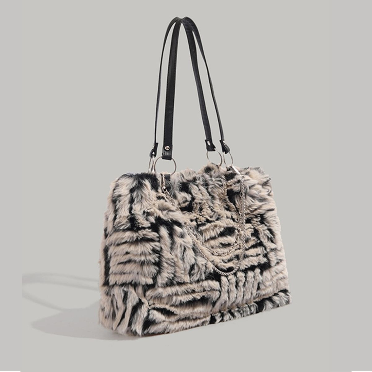 neue Mode Beige mit schwarzem horizontalen und vertikalen Muster Design Schulter Plüsch Hundert Taschen_voghion.com