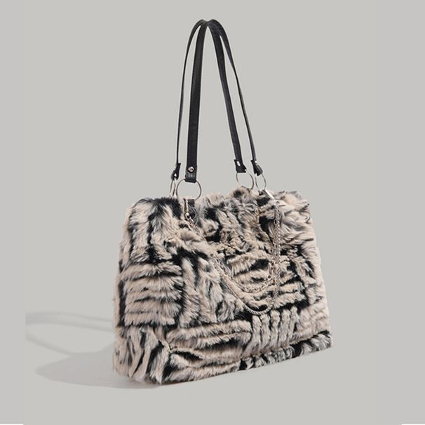 neue Mode Beige mit schwarzem horizontalen und vertikalen Muster Design Schulter Plüsch Hundert Taschen_voghion.com