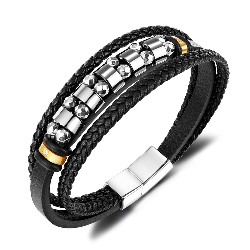 Bracciale in pelle intrecciata multistrato Bracciale in pelle ematite da uomo_voghion.com