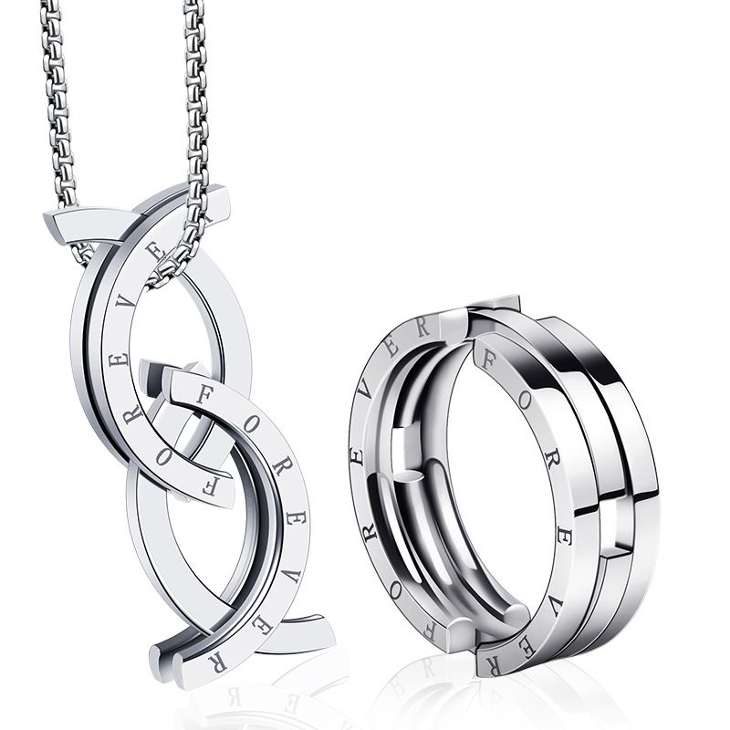 Collana con ciondolo geometrico in acciaio inossidabile da uomo con anello regolabile a forma di pesce che si bacia, set di gioielli ipoallergenici e antiossidante per l'uso quotidiano_voghion.com