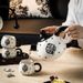 Ceramic Tea Set With Black Rose & Polka Dot Design – 1 Teapot & 4 Cups With Wooden Tray, Vintage Gift For Home & Gifting_voghion.com
