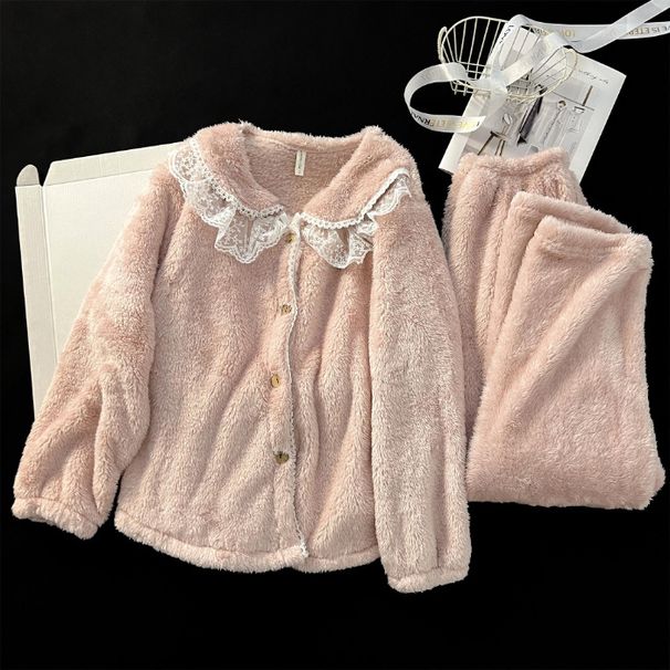 Winter Thick Pajamas with Women's Lace, Simple, Cute, Sweet, and Velvet Warm, Small Fragrant Style Student Home Clothes_voghion.com