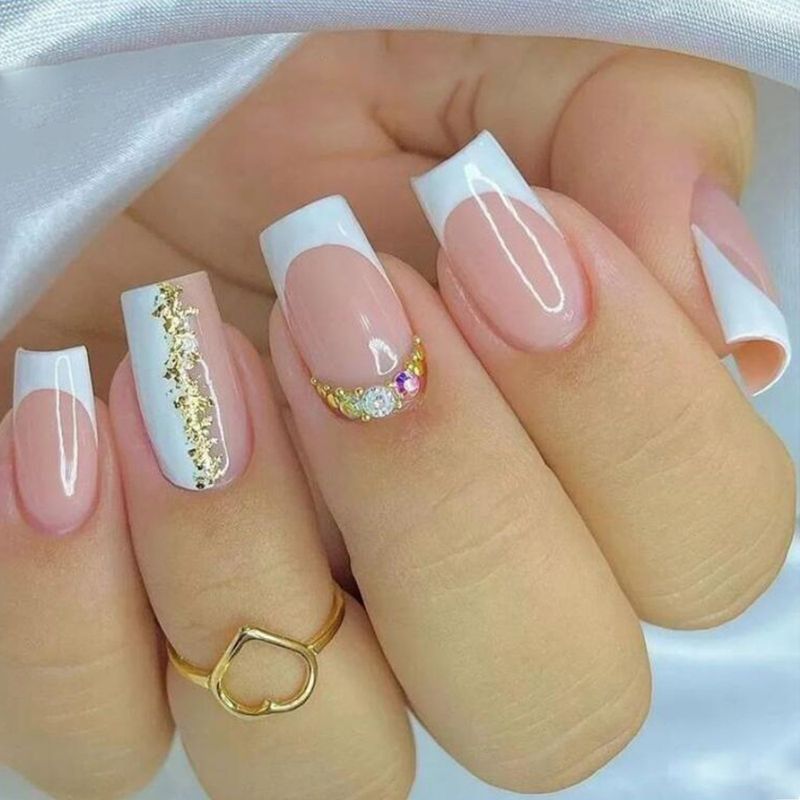 White French 24Pcs Short Fake Nails with Rhinestone Y2k Wearable Full Cover Nail Tips Simple Ballerina False N_voghion.com