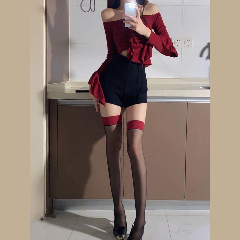 Pure desire, black and red stockings, women's sexy suspender one-piece socks, contrasting color, long tube, slimming,_voghion.com