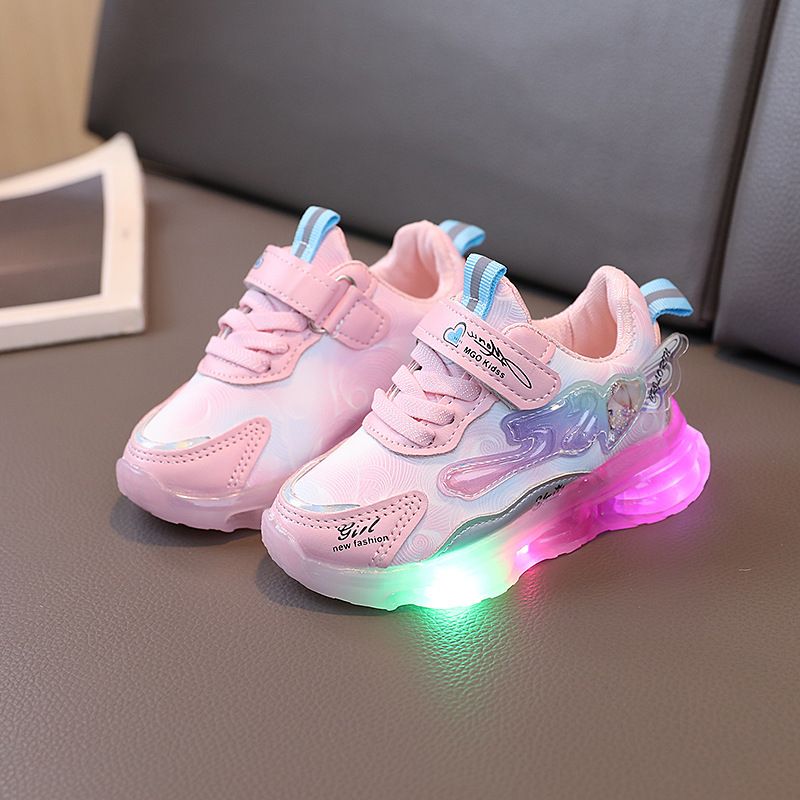 New girls shoes with lights, leather soft soles, children's casual sports shoes, cartoon girls, princess shoes_voghion.com