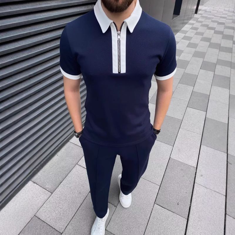Completo polo con cerniera e pantaloncini da uomo – Completo casual elasticizzato per l'estate (due pezzi traspiranti)_voghion.com