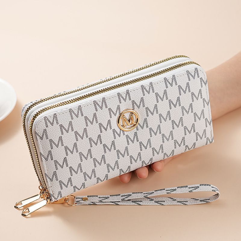 Cartera para mujer, estilo nuevo, con estampado de letras, estilo retro, sencilla, a la moda, con doble cremallera, ranura para múltiples tarjetas, bolso de mano de gran capacidad_voghion.com