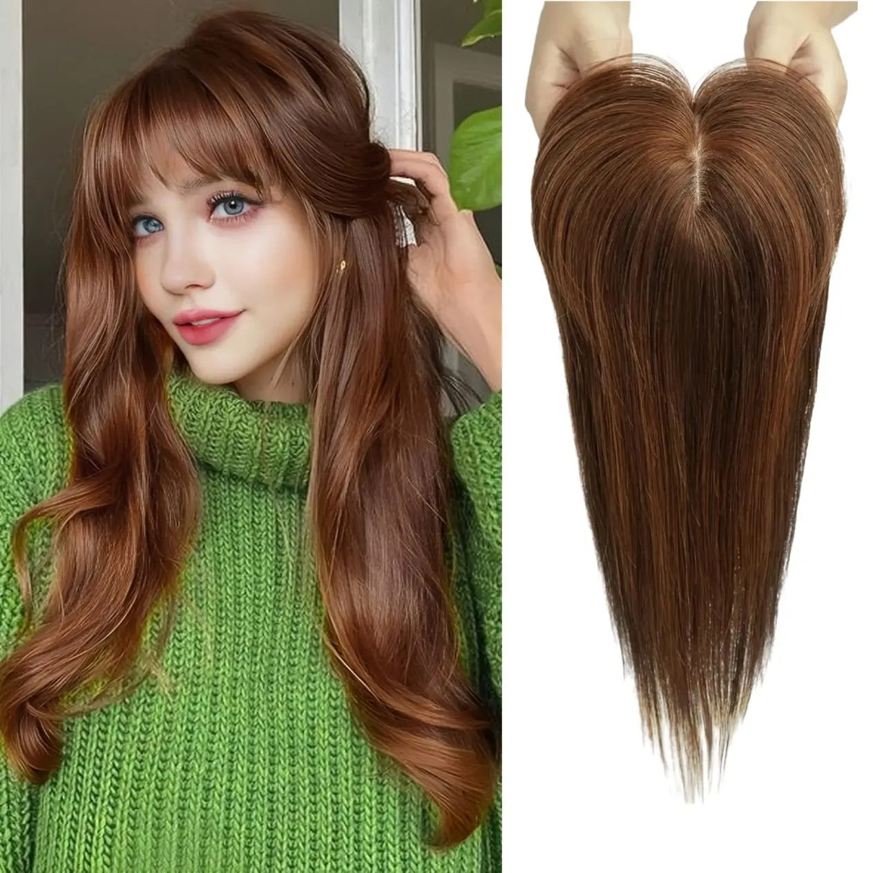 Extensions de cheveux humains Remy brun ombré avec frange, pièces à clips en soie pour femmes, extension de cheveux raides_voghion.com
