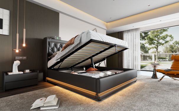 Lit double 160 x 200 cm, matelas en polyuréthane noir, lit coffre hydraulique avec chargement USB Type-C et éclairage LED sur 3 côtés, tête de lit rembourrée (matelas inclus)._voghion.com