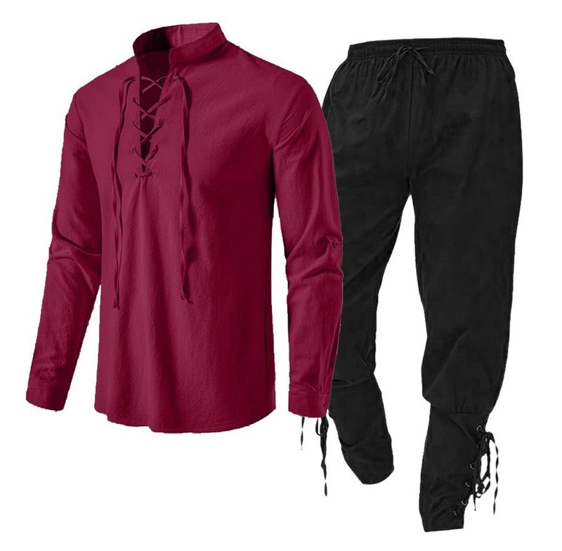 CT Herren Langarmhemd aus Baumwolle und Leinen in neuer europäischer Größe, Henley-Shirt für den Strand, Stehkragen, einfarbig, zweiteilig_voghion.com