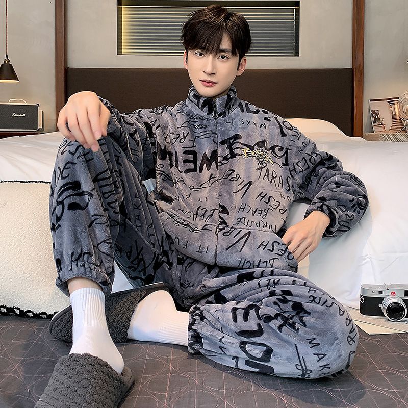 Coral sleepwear men in autumn winter, with thickened fleece teenagers and plus size flannel home suit set for winter_voghion.com
