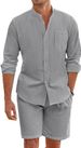 Herren Sommer Zweiteiler Set Baumwolle Leinen Bequemes Knopfhemd Langarm Shorts Strickjacke Einfache Lässige Strandmode_voghion.com