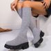 Fly knitting socks boots women's new autumn and winter large size thick soled solid color round head long skinny boots_voghion.com
