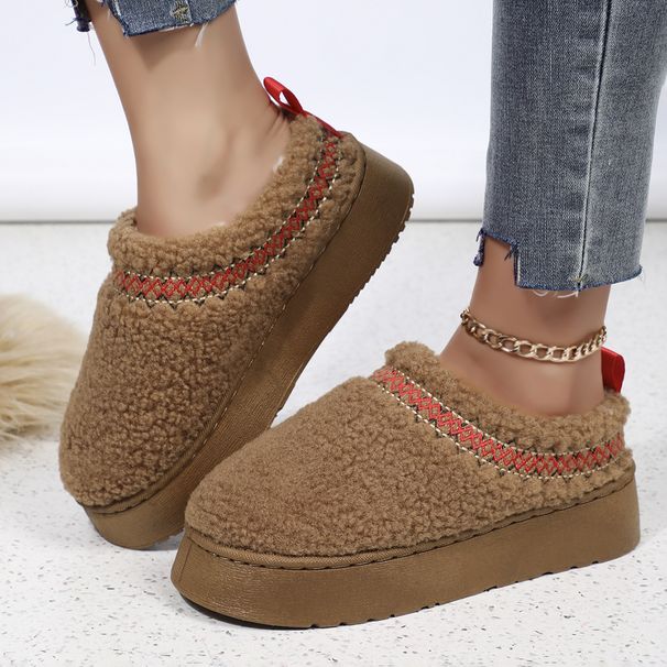 Winter Slip-On House Shoes With Faux Fur Lining, Thick Rubber Sole, Ethnic Embroidery, Cozy Indoor/Outdoor Slippers (Brown/White/Black/Beige)_voghion.com