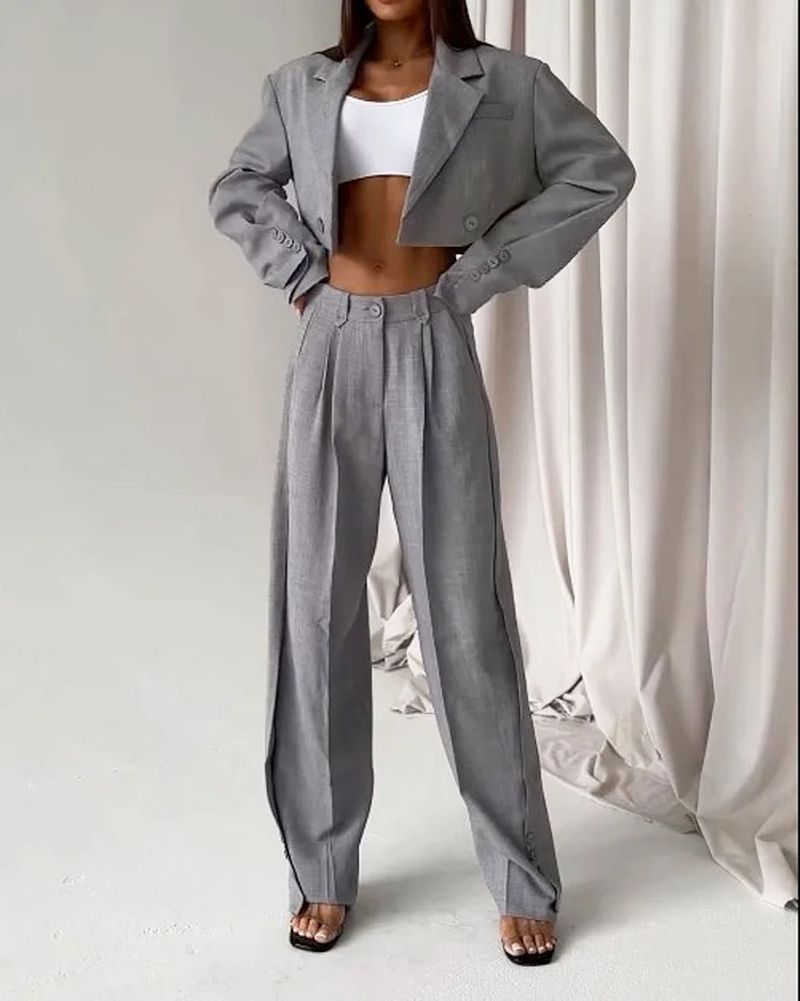 Dameskleding Lente Nieuwe Stijl Revers Casual Effen Kleur Tweedelig Pak_voghion.com