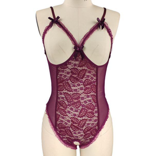 Entrejambe ouvert poitrine exposée lingerie sexy dentelle sexy costume de corps serré costume sexy pyjama dos nu transparent_voghion.com