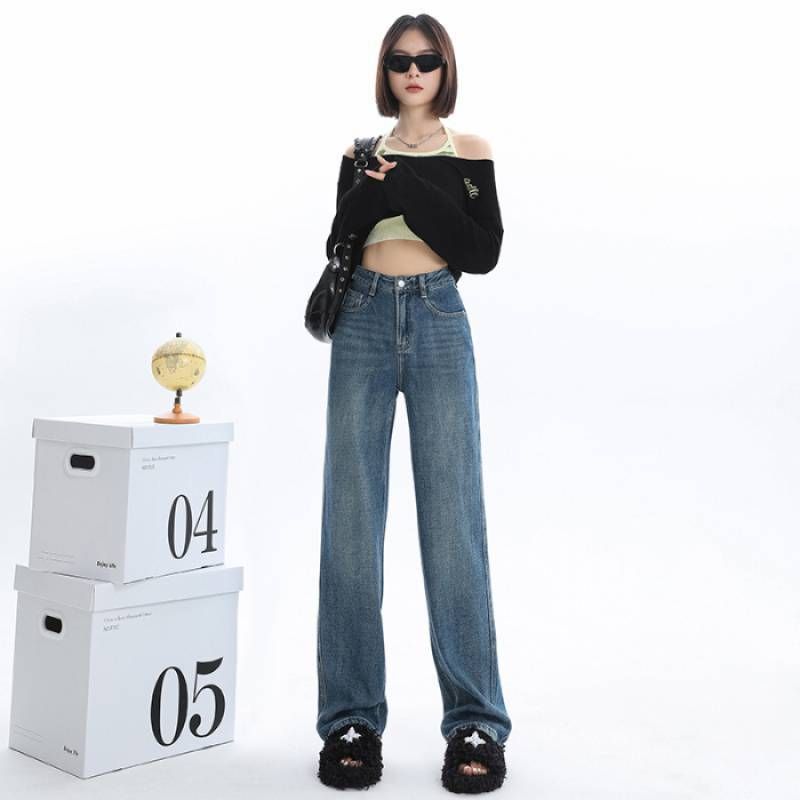 Jeans a vita alta e gamba larga da donna - Pantaloni dritti e fluidi foderati in pile invernale con comfort elasticizzato per outfit casual ed eleganti_voghion.com