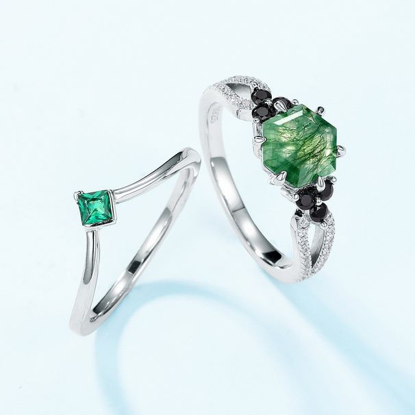 Geometric Natural Water Grass Agate Stacking Ring S925 Silver Inlaid Green Moss Stone Couple Ring_voghion.com