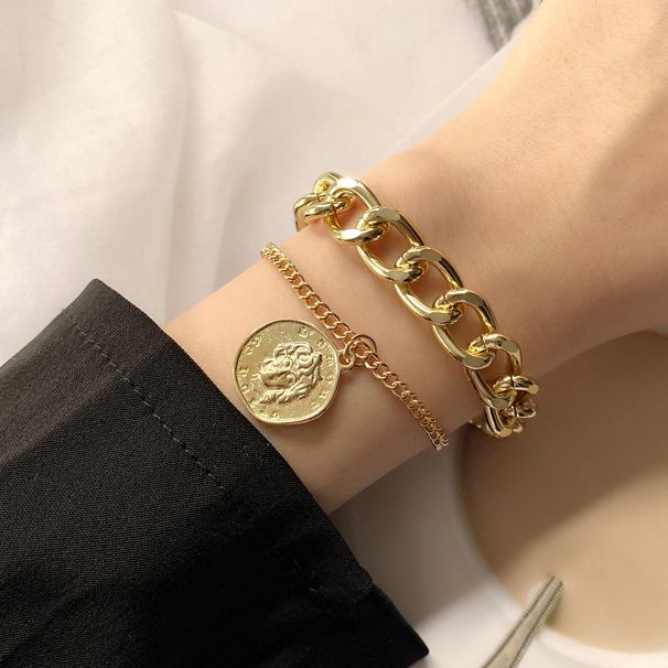 Braccialetto punk di vendita calda con catena spessa a doppio strato, con ritratto hip hop, per donne, MS468_voghion.com