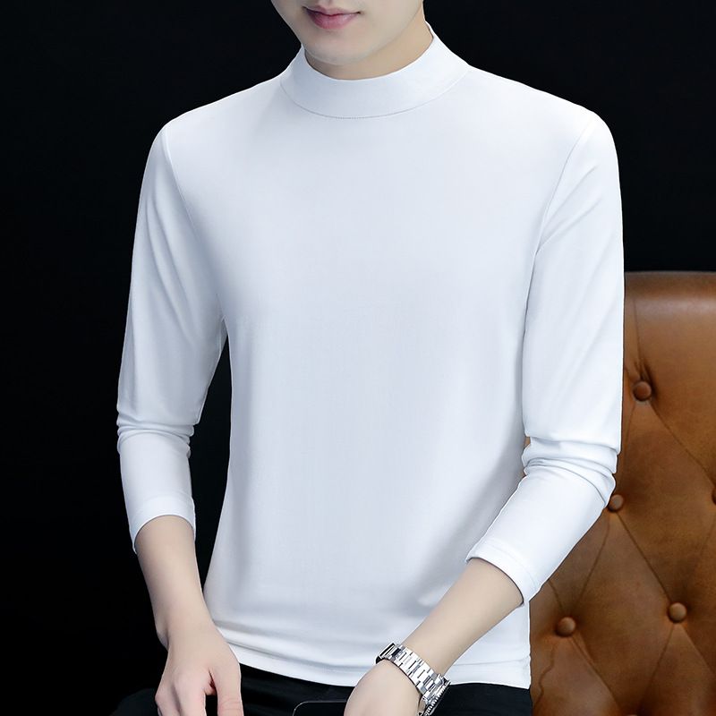 Langarm-T-Shirt für Herren, Halbhochhals-Basishemd, elastisches Slim-Fit-Oberteil aus Baumwolle für Herren_voghion.com