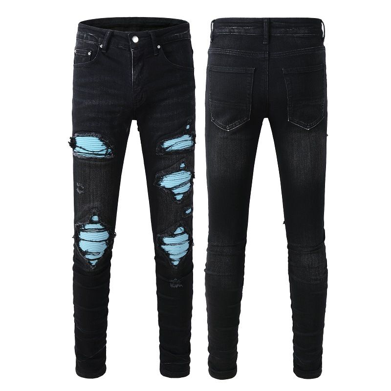Abbigliamento da uomo Commercio estero Jeans da uomo Marchio alla moda Abbigliamento da uomo Pantaloni da uomo slim elasticizzati con toppa in flanella strappata Pantaloni da uomo per giovani 1347_voghion.com
