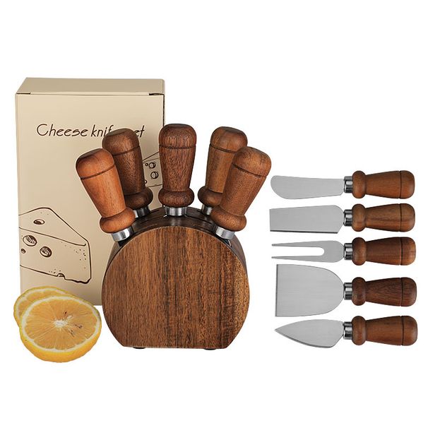 Set di coltelli da formaggio in acciaio inossidabile con supporto in legno di acacia e utensili da cucina in regalo_voghion.com