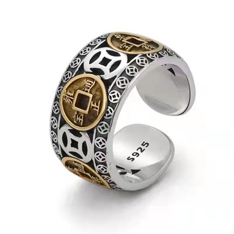 Monete da uomo in argento thailandese con cinque imperatori, che attraggono ricchezza e aumentano la fortuna, stile vintage, moneta in rame regolabile alla moda_voghion.com