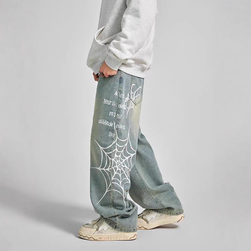 [UrbanSpider] Men's Wide-Leg Jeans - Cobweb Print | Streetwear Denim Pants_voghion.com