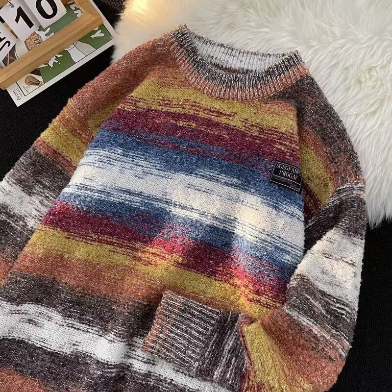 Maglione americano lavorato a maglia con scollo rotondo, stile pigro, a righe, autunno e inverno, design sfumato_voghion.com