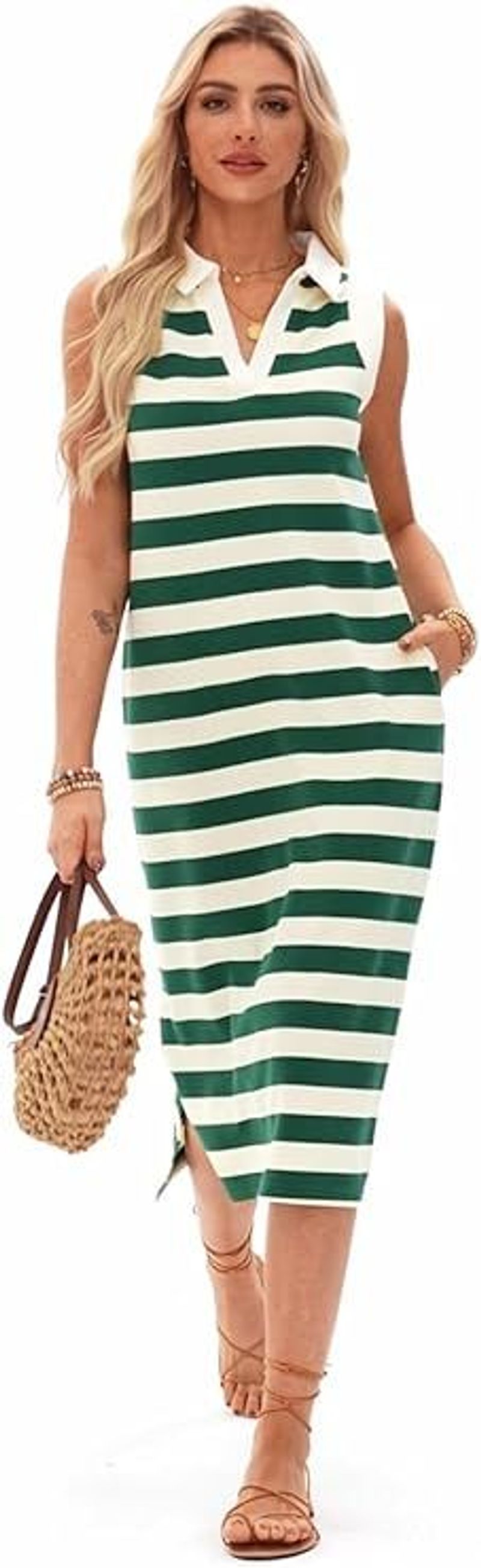 Women's Summer Dress 2025 V Neck Sleeveless Maxi Striped Sundress With Pockets Casual Beach Green Medium_voghion.com
